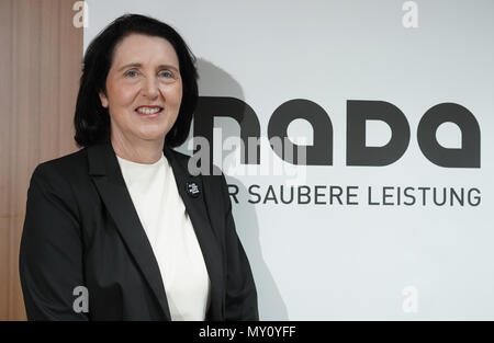 Berlin, Germany. 05th June, 2018. The chairwoman of the German National Anti-Doping Agency (NADA), Andrea Gotzmann, stands next to the logo during their financial statement press conference. The Olympic and Paralympic Games in Pyeongchang, the advancement of the dopic control system and the expansion of the prevention measures were important cornerstones of NADA's work in 2017. Photo: Jörg Carstensen/dpa Credit: dpa picture alliance/Alamy Live News Stock Photo