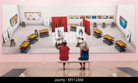 London, UK.  5 June 2018.  Staff members view "Seven Trollies, Six and a Half Stools, Six Portraits, Eleven Paintings and Two Curtains" by David Hockney RA at the preview of the 250th Summer Exhibition at the Royal Academy of Arts in Piccadilly, which has been co-ordinated by Grayson Perry RA this year.  Running concurrently, is The Great Spectacle, featuring highlights from the past 250 years.  Both shows run 12 June to 19 August 2018. Credit: Stephen Chung / Alamy Live News Stock Photo