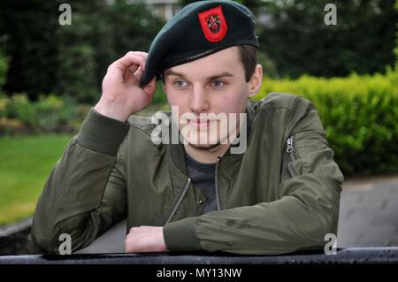 Leeds, West Yorkshire. 5th June, 2018. HATS OFF TO CHRIS: Army hopeful Chris Collington, from Leeds, shows off a Green Beret, sent to him from US Army Veteran Capt Mike Rose of Huntsville, Alabama. Chris was recently refused entry to the British Army on medical grounds but received Capt Rose's green beret, which he won in Vietnam, as a means of encouragment. Capt Rose was instrumental in an incursion in Laos called Operation Tailwind for which he received the Medal of Honour from Donald Trump in October 2017. Pic David Hickes/Alamy. Credit: David Hickes/Alamy Live News Stock Photo