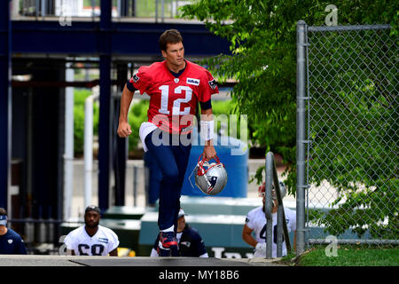 Foxborough, Massachusetts, USA. 5th June, 2018. New England Patriots quarterback Tom Brady (12) comes up the stairs to the practice fields at the team's mini camp held at Gillette Stadium, in Foxborough, Massachusetts. Eric Canha/CSM/Alamy Live News Stock Photo