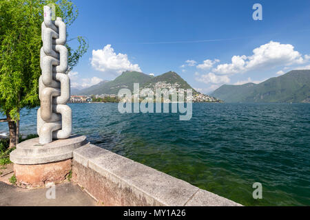 View of Lugano lakefront on a spring day, Canton Ticino, Switzerland. Stock Photo