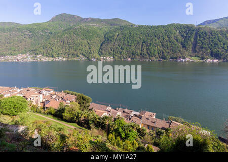 Balcony on the rooftops of Morcote and Lake Ceresio. Morcote, Canton Ticino, Switzerland. Stock Photo