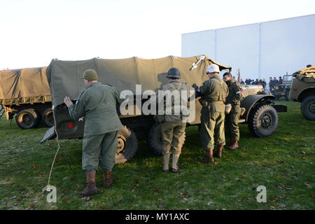 Static display of WW2 American vehicles around the Batle of Ardennes museum ' Mardason' during the World War2 Battle of Bulge's commemoration, in Bastogne, Belgium, Dec 10, 2016. (U.S. Army photo by Visual Information Specialist Pascal Demeuldre) Stock Photo