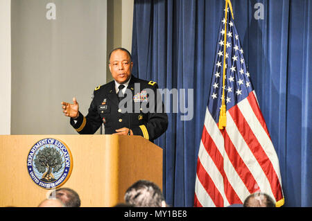 Brig. Gen. William J. Walker, Land Component Command Commander, D.C. Army National Guard, delivers the keynote address during the U.S. Department of Education's Veterans Day program at the Lyndon Baines Johnson Department of Education Building, Washington, D.C., Nov. 10, 2016. Other program speakers included Secretary of Education John B. King, Jr., Col. William T. Johnson, Joining Forces executive director and Curtis L. Coy, Deputy Under Secretary for Economic Opportunity Veterans Benefits Administration, U.S. Department of Veterans Affairs. (Photo by D.C. National Guard/Released) Stock Photo