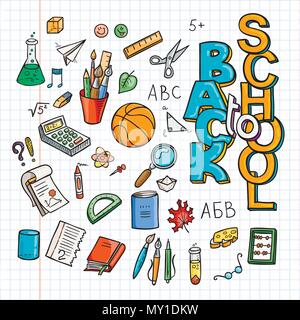 Back to School Supplies collection. Sketchy notebook doodles set with lettering. Vector illustration design elements on lined sketchbook paper Stock Vector