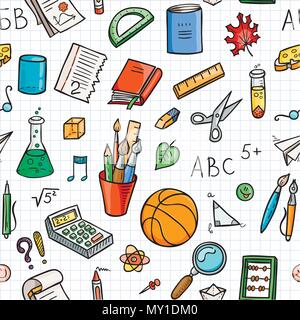 Seamless lined back to school pattern with supplies stationary and other creative elements. Fun cute vector line background. Stock Vector