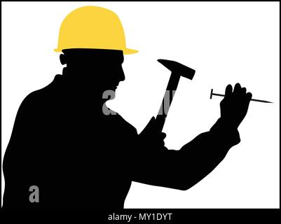 man uses a hammer to hit a nail vector silhouettes Stock Vector