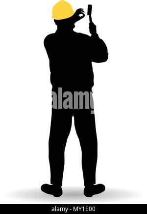 man uses a hammer to hit a nail vector silhouettes Stock Vector