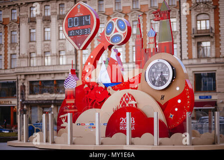 MOSCOW, RUSSIA - MAY 31, 2018: Watches, leading a countdown of time left before the start of the World Cup 2018 in Russia (Moscow, Manezhnaya Square). Stock Photo