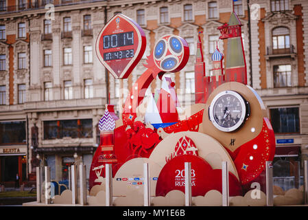 MOSCOW, RUSSIA - MAY 31, 2018: Watches, leading a countdown of time left before the start of the World Cup 2018 in Russia (Moscow, Manezhnaya Square). Stock Photo