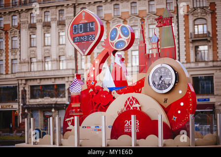 MOSCOW, RUSSIA - MAY 31, 2018: Watches, leading a countdown of time left before the start of the World Cup 2018 in Russia (Moscow, Manezhnaya Square). Stock Photo
