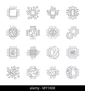 CPU Microprocessor and Chips Icons Set. Vector. Editable Stroke Stock Vector