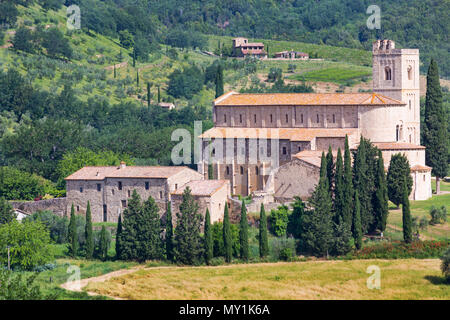 Abbey of Sant'Antimo, Sant Antimo, Abbazia di Sant'Antimo, near Montalcino, Tuscany, Italy in May - Romanesque abbey Sant Antimo Stock Photo