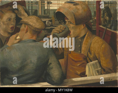 . Snack Time in a Factory .  English: A portrait of three workers gathering in a factory for a tea break. One stands facing the artist with a welding mask on his head, drinking from a mug. He has a newspaper under his arm. A second worker stands with his back to the artist and a third stands to the left, scratching his head. . 1941 494 Snack Time in a Factory (Art.IWM ART LD 1486) Stock Photo