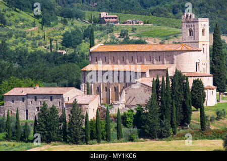 Abbey of Sant'Antimo, Sant Antimo, Abbazia di Sant'Antimo, near Montalcino, Tuscany, Italy in May - Romanesque abbey Sant Antimo Stock Photo