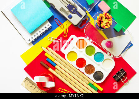 Office supplies and stationery isolate on a white background. Top view flat lay background, copy space. Stock Photo
