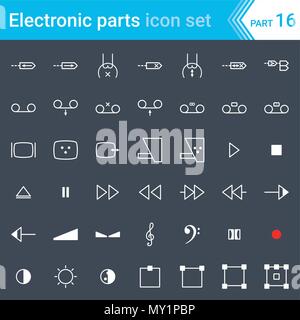 Electric and electronic icons, electric diagram symbols. Audio and video devices, function control audio and video, sound representation. Stock Vector
