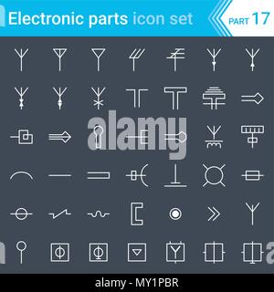 Electric and electronic icons, electric diagram symbols. Antennas, aerials, waveguides, tv and radio distribution. Stock Vector