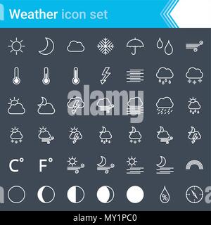 Modern, stroked weather icons isolated on dark background. Stock Vector