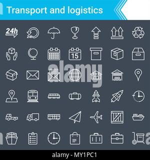 Modern, stroked logistics and transport icons isolated on dark background Stock Vector