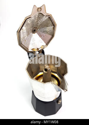 Italian coffee maker with open cover closeup isolated on white background. Stock Photo