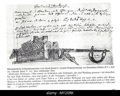 . Mittelalterliche Schleudermaschine, Zeichnung in der Schwäbisch Gmünder Chronik von Dominikus Debler (um 1800), Stadtarchiv Schwäbisch Gmünd, Bd. 5, S. 41, Illustration zum Versprechen (1450)des im Städtekrieg (Schlacht bei Waldstetten) gefangengenommenen Werkmeisters Jakob Eisele an Graf Ulrich von Württemberg, ihm zwei 'werfende Handwerke' zu bauen . circa 1800. Dominikus Debler 477 Schleudermaschine Debler Stock Photo