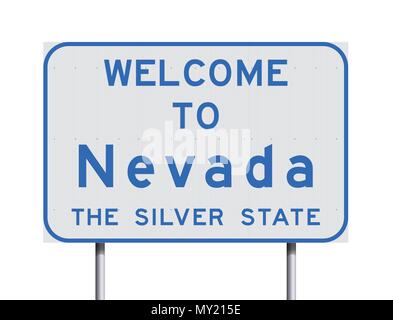 Vector illustration of the Welcome to Nevada white and blue road sign with the official nickname 'The Silver State' Stock Vector