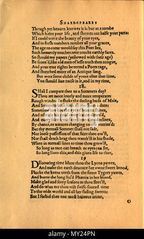 . English: A facsimile of the original printing of Shakespeare's en:Sonnet 18. Source: http://extra.shu.ac.uk/emls/Sonnets/b4v.jpg . Shakespeare 495 Sonnet 18 1609 Stock Photo