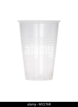 Empty transparent plastic cup isolated on white. Stock Photo