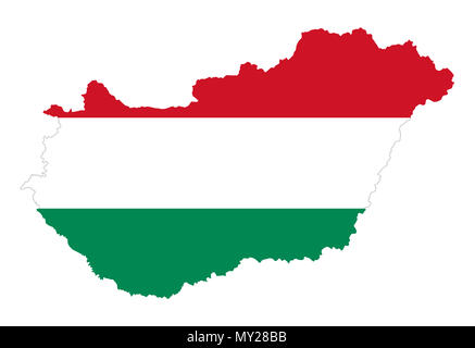 Flag of Hungary in country silhouette. Hungarian tricolour, horizontal red, white and green stripes, in the country outline. State in Central Europe. Stock Photo