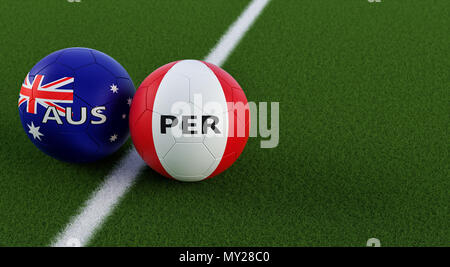 Peru vs. Australia Soccer Match - Soccer balls in Australia and Peru national colors on a soccer field. Copy space on the right side Stock Photo