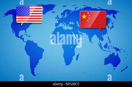 USA and China at the blue World Map background. Trade war with America and China. International business global exchange concept. Vector Stock Vector