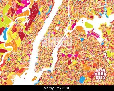 Colorful vector map of New York City. Very detailled version without bridges and names. NYC logo grouped seperatly. Stock Vector