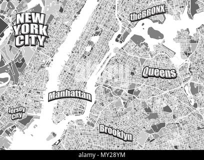 New York City district map. Very detailled version without bridges. Letterings grouped seperatly in vector version. Stock Vector