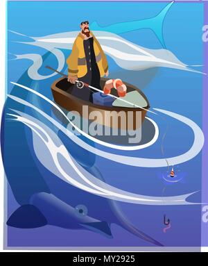 Fat fisherman catching a big fish in boat on sea - swordfish swimming under water Stock Vector