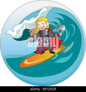Superhero viking with hammer sliding on sea wave Stock Vector