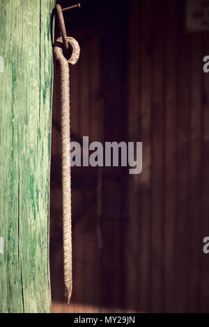 Vintage rusty eye bolt hanging from a wooden plank Stock Photo