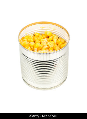 Canned corn in a tin isolated on white background Stock Photo