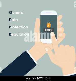 Hand holding smartphone with General Data Protection Regulation.GDPR concept.Smartphone security,personal access,user authorization, login and protect Stock Vector