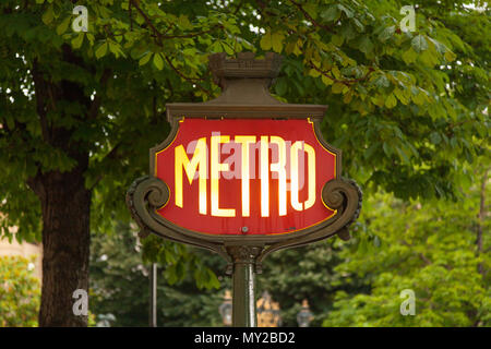 Metro sign at the entrance to the Franklin D Roosevelt metro station in Paris, France, Europe. Stock Photo