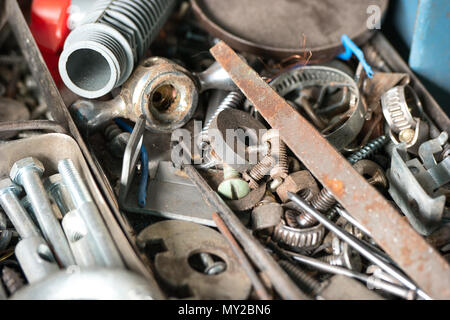 Various metal tools in the garage close up Stock Photo