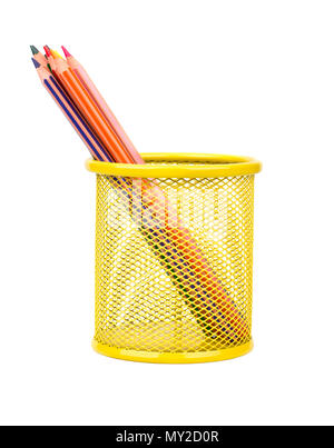 Colored pencils in a metal pencil case on white background Stock Photo