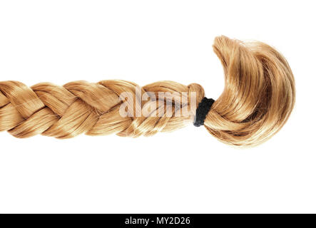 blond plait or braid of blond hair on white background Stock Photo