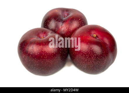 Fresh three red plums on white background Stock Photo