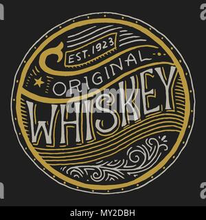 Vintage American whiskey badge. Alcoholic Label with calligraphic elements. Hand drawn engraved sketch lettering for t-shirt. Classic frame for bottle poster banner. Glass with strong drink. Stock Vector