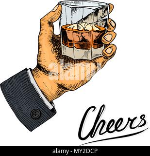 Vintage American whiskey badge. Alcoholic Label with calligraphic elements. Classic frame for poster banner. Glass with strong drink. Cheers toast. Hand drawn engraved sketch lettering for t-shirt. Stock Vector