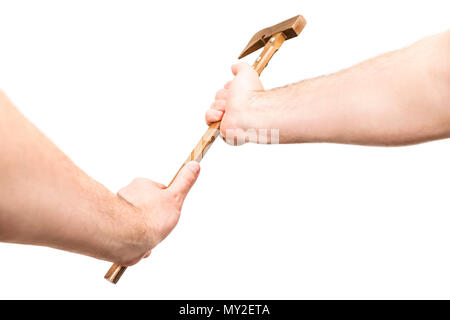 Male hands beat wooden child ax, isolated on white background, first person view Stock Photo