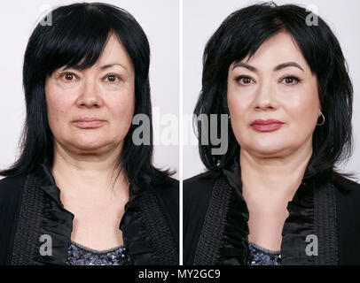 Comparative portrait of mature woman with and without makeup. Stock Photo