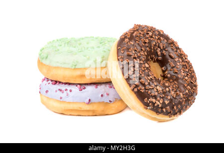 Three donut with multicolored glaze on a white background Stock Photo