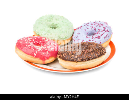 Plate of donuts with a multicolored glaze on a white background Stock Photo